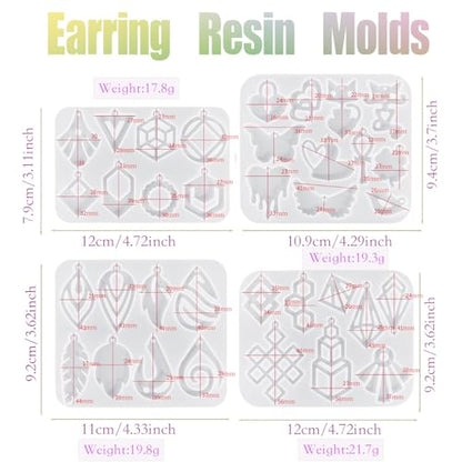 XYQHOAC 4 PCS Resin Mold Earring Silicone Molds Jewelry Mold Casting Epoxy Mold Leaf Earring Molds with Hole for DIY Necklace Keychain Jewelry Making
