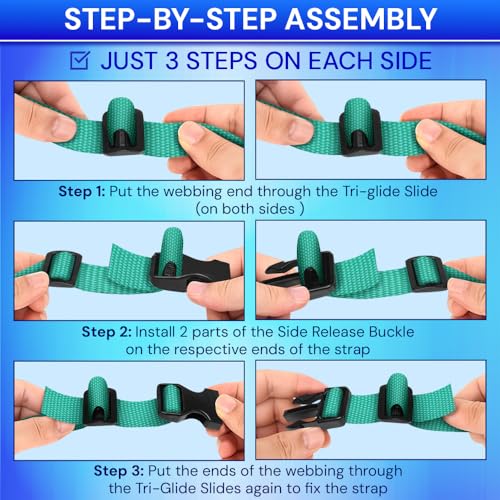 TECEUM 1" Nylon Strap Kit with Buckles, Turqouise 6 yards Repair Set | Heavy duty hardware kit: 6yd webbing, 6 quick release buckles, 12 tri-glide slide clips, 6 metal D-rings for crafting. - color: Turqouise, size: 1" - 6 yards, style: 6 Buckle - 12 Slid