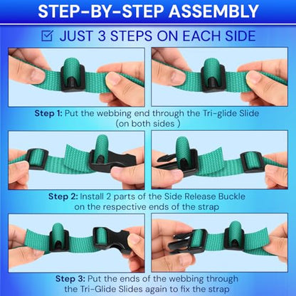 TECEUM 1" Nylon Strap Kit with Buckles, Turqouise 6 yards Repair Set | Heavy duty hardware kit: 6yd webbing, 6 quick release buckles, 12 tri-glide slide clips, 6 metal D-rings for crafting. - color: Turqouise, size: 1" - 6 yards, style: 6 Buckle - 12 Slid