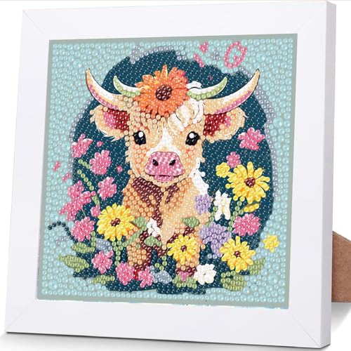 ajepon Cow Diamond Art Kits for Kids with Frame - Highland Cow Diamond Art for Kids Ages 8-12, Animal Gem Painting Kits for Kid with Beautiful Package for Gift Home Wall Decor (7x7inch) - color: CC373