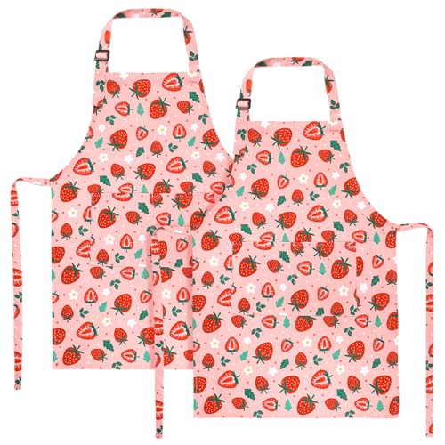2 Pack Kids Apron, Cute Cooking Aprons, Waterproof Art Apron with Pockets, Toddler Painting Artist Apron Adjustable - color: Strawberry, size: 45*62cm