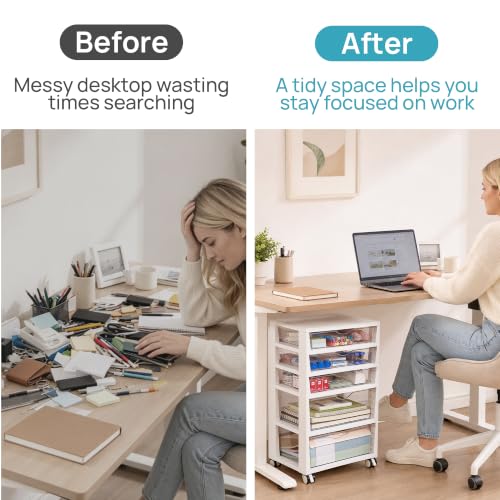 Vtopmart 5-Tier Plastic Drawer Storage Rolling Cart with Wheels | Clear Drawers with Multiple Sizes Keep Supplies visible. Sturdy for Under Desk, Office, Makeup , Crafts & Art Storage - style: 5 Tier 5 Drawers