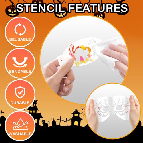 58 PCS Halloween Face Paint Stencils for Kids and Adults, 36 Reusable Facial Painting Templates, 6 Sticky Tattoo Stencils, 10 Brushes, 2 Gem Stickers, 4 Finger Sponges for Halloween Party Makeup - color: red