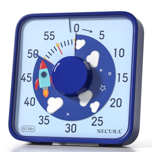 Secura 7.5-Inch Rocket Pattern Visual Timer for Kids, 60-Minute Countdown Timer for Classroom or Kitchen, Durable Mechanical Timer Clock with Magnetic Backing (Blue) - color: Dark Blue