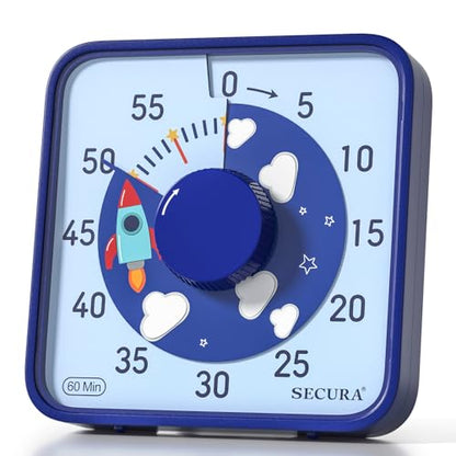 Secura 7.5-Inch Rocket Pattern Visual Timer for Kids, 60-Minute Countdown Timer for Classroom or Kitchen, Durable Mechanical Timer Clock with Magnetic Backing (Blue) - color: Dark Blue