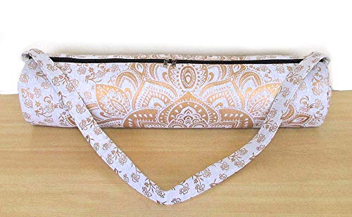 ICC Black Gold Mandala Full-Zip Exercise Yoga Mat Carry Bag Gym Beach Pilates Carrier Bags Hippie Mandala Indian Cotton Bag - style: White Gold Flower