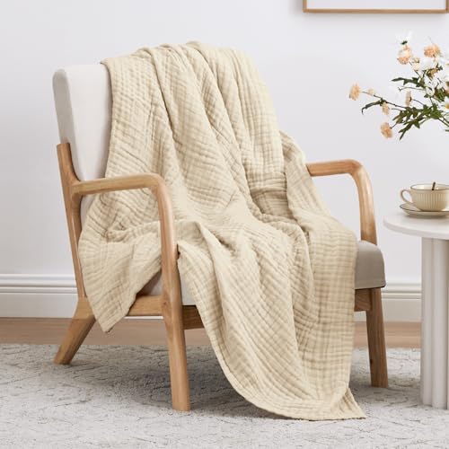Love's cabin 100% Cotton Muslin Blanket, 6 Layer Lightweight Breathable Gauze Throw Blanket 50 x 60 Inches, Soft All Season Blanket for Couch, Bed, Sofa, Beige - color: Beige, size: Throw(50"x60")