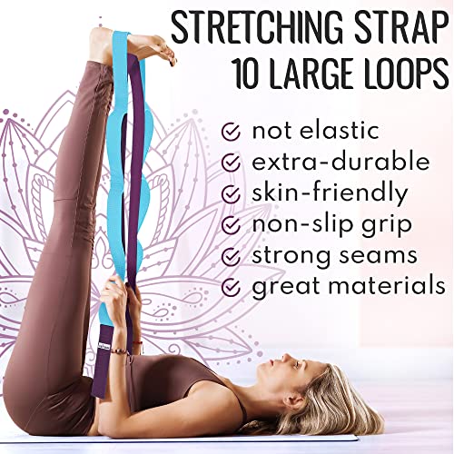 TECEUM Stretching Strap with 10 Loops for Physical Therapy & Rehab | Non-Elastic Yoga Stretch Band for Hamstring, Leg, Hip & Knee Rehab, Pilates, Flexibility & Mobility Exercises for Men & Women - color: Purple Blue, size: Polypropylene 1” W - 10 Loops
