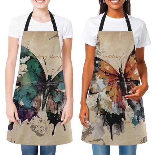 2 PC Aprons Stripe Durable Adjustable Bib with Pockets Apron for Women Men Lovers Chef Home Kitchen Cooking Garden - color: Brown Green