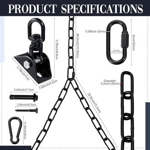 Heavy Duty Porch Swing Hanging Kit with Y-Chain & 360° Swivel Hangers 1500Lbs Capacity, Rustproof Zinc-Plated Chains 304 Stainless Steel Mount Hooks, Indoor/Outdoor Hammock Hardware (Black) - color: Black