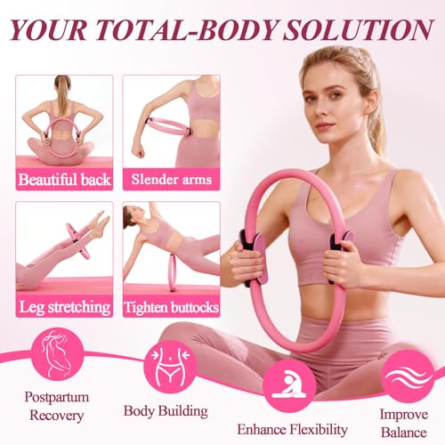 Pilates Ring and Small Ball Set for Women with 5 Resistance Bands, 14 inch Magic Circle Home Workout Essentials Starter Kit for Beginners, Yoga Sets for Full Body Toning Shape