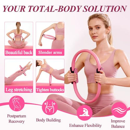 Pilates Ring and Small Ball Set for Women with 5 Resistance Bands, 14 inch Magic Circle Home Workout Essentials Starter Kit for Beginners, Yoga Sets for Full Body Toning Shape