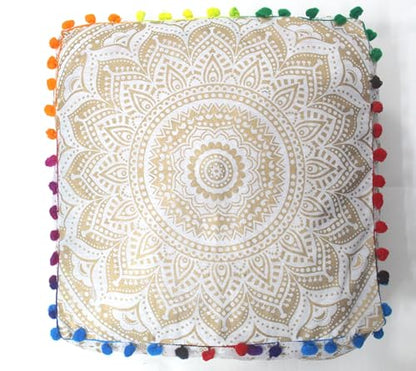 INDIAN CRAFT CASTLE Mandala Mandala Barmeri Large Floor Pillow Cover Cushion Meditation Seating Ottoman Throw Cover Hippie Decorative Zipped Bohemian Pouf Ottoman Cases White Gold Ombre 16" Square