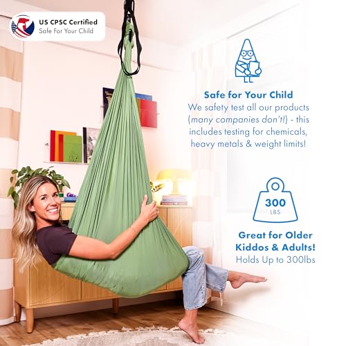 Harkla Sensory Swing for Kids & Adults, Holds 300lbs, Indoor Swing | Hug Like Calming Effect and Durable Soft Stretch Fabric - Easy Assembly, Heavy Duty Hardware and 3rd Party Tested - color: Green, size: 110" Swing + No Swivel