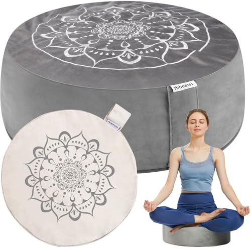Hihealer Meditation Cushion, Traditional Tibetan Velvet Meditation Pillow | Buckwheat Yoga Bolster, Large Floor Cushion & Pillow for Adults, Zafu Zabuton Set, Zen Meditation Mat - color: Calmly Grey & White
