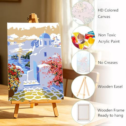 Lanzeyo 4 Pcs Paint by Numbers Kits for Adults Framed Canvas with Wooden Easel DIY Mediterranean Landscape Oil Paintings Kits Paint by Numbers on Canvas Wall Art (8x12 inch) - color: 02 Landscape
