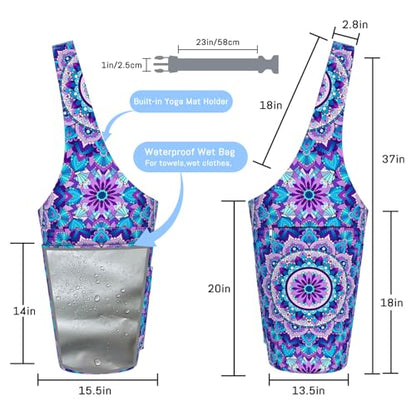 Mandala Yoga Mat Bag with Large Waterproof Zipper Pocket and Drawstring Pocket Long Tote Yoga Mat Carrier Holder Bags Fit Most Size Mats - color: Purple