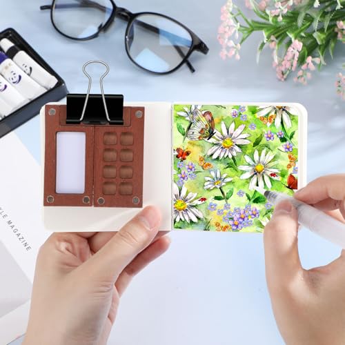 Watersay 12 Set Mini Watercolor Paint Set Paint Palette Travel Kit Pocket Artist Watercolor Travel Kit with Wooden Grid Palette Box Sketchbook Brush Pens Paints Clips for Beginners Artists Painters