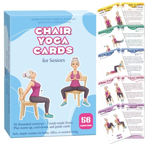 Gentle Chair Yoga Program for Seniors Includes 50 Large Print Exercise Cards that Gently Target Back Relaxation, Core Strength, and Leg Stability.