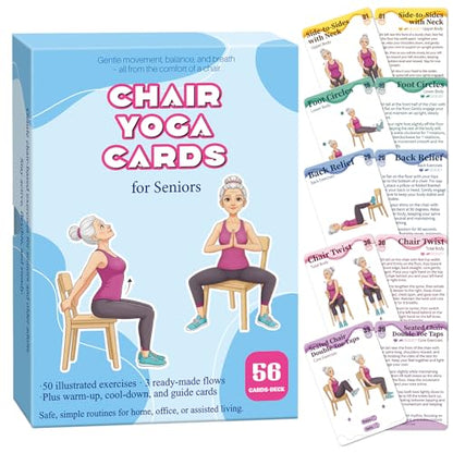 Gentle Chair Yoga Program for Seniors Includes 50 Large Print Exercise Cards that Gently Target Back Relaxation, Core Strength, and Leg Stability.