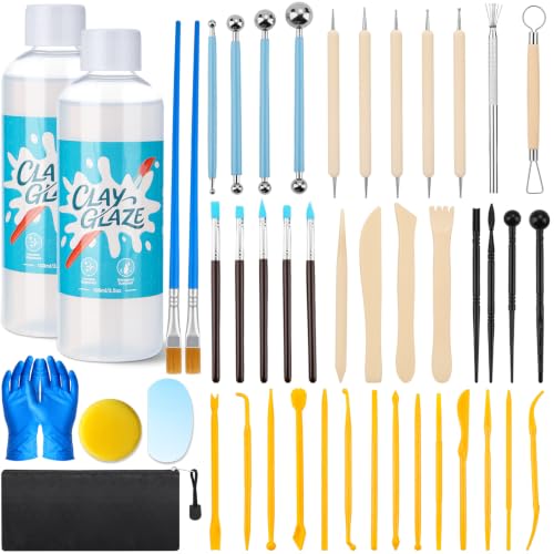 Lezmarket 200ml Air Dry Clay Glaze and 48 Pcs Clay Tools Kit, (Gloss) | Provide Gloss Finish, Protects Clay from Surface Wear, Used for Sculpting, Molding Clay Crafts