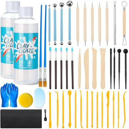 Lezmarket 200ml Air Dry Clay Glaze and 48 Pcs Clay Tools Kit, (Gloss) | Provide Gloss Finish, Protects Clay from Surface Wear, Used for Sculpting, Molding Clay Crafts