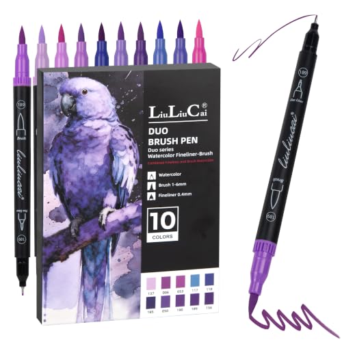 LIULIUCAI 10 Purple Dual Marker, Fine & Brush Tip Pen for Adult Coloring | Violet Marker Pen, Royal Purple Markers for Galaxies, Lavender, Fantasy Art, Outlining Illustration, Mystical Designs - color: 10 Purple