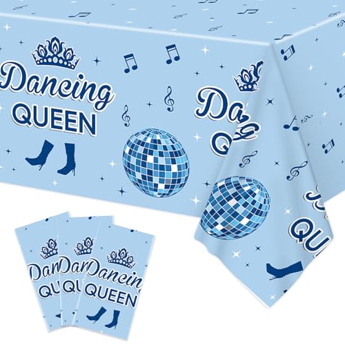 3pcs Dancing Queen Plastic Tablecloth, 54 x 108 Inch Mamma Mia Party Table Cover, 70s Disco Ball Tablecloth for Mamma Mia Bachelorette Party, 17th Blue Birthday Party Decorations - color: Dancing Queen