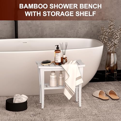 Bamboo Shower Bench Stool with Storage Shelf, Waterproof Shower Chair Spa Bath Seat, Shower Stool for Inside, Bathroom Bench Seat for Adults Elderly Seniors for Indoor or Outdoor Use(White) - color: White
