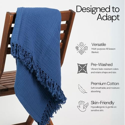 100% Cotton Gauze 50"X60" Throw Tassel 4 Layered Blanket- Navy Blue | Premium Muslin Blanket for Couch,Bed,Living,Summer Lightweight, All Seasons Blankets & Throws, Boho,Travel & Skin Friendly - color: Navy Blue, size: 50"X60" Throw