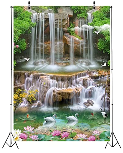 BELECO 5x7ft Fabric Forest Park Waterfall Backdrop Picturesque Swan Lake Lotus Pond Green Trees Scenery Photography Background Wallpaper Spring Summer Holiday Travel Portrait Photoshoot Props - size: 5x7FT
