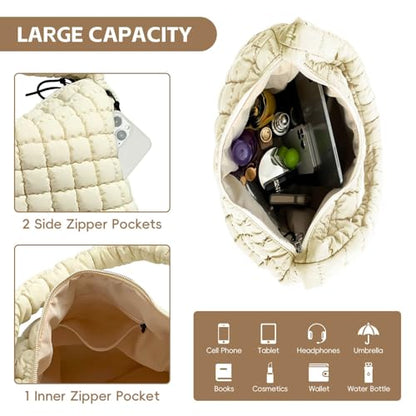 Puffer Tote Bag for Women, Large Quilted Puffer Bag with Pouch, Puffy Quilted Hobo Bag, Puff Crossbody Purse - color: 1-white