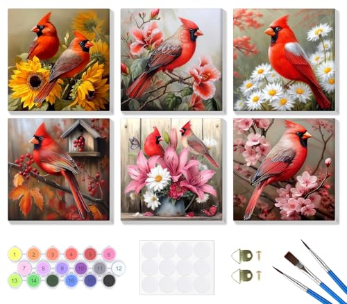Bowetile 6 Pack Framed Spring Paint by Numbers Cardinal for Adults Beginners, Adults' Paint-by-Number Birds Kits on Canvas, DIY Acrylic Number Painting Crafts Kits Gifts for Home Decor, 8x8in - color: Cardinal