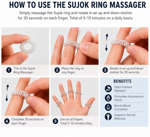 BOSKY Handmade Wooden Ancient Acupressure Spiked Hand Massage Exercise Therapy Deep Tissue Set of 2 Pcs, Spiky Ball and Rings with Reflexology Chart (AS-2)