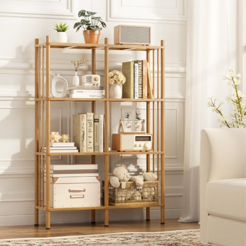 4 Tier Book Shelf, Wide Bamboo Bookshelf, Tall Bookcase with 8 Open Display Shelves Storage Organizer, Adjustable Bookshelves Standing Shelf Units for Bedroom, Living Room, Home Office, Brown - color: Brown, size: 4 Tier
