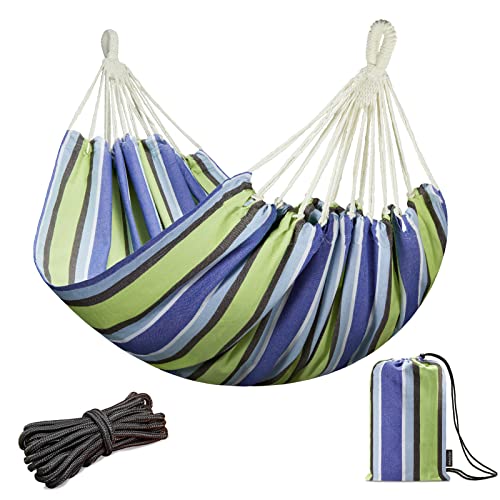 JoyView Brazilian Double Hammock with Hanging Ropes Extra Large 86.6x59” Portable Cotton Hammock for Patio Backyard Porch 450LBS Weight Capacity Perfect for Outdoor/Indoor - Blue & Green Stripes - color: Blue & Green Stripes