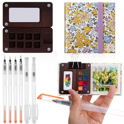 Qilery Mini Portable Watercolor Palette Set Wooden Grid Paint Box Watercolor Paper Sketch Book Brush Pens with Binder Clip for Painters Artist Not Include Paint(Winter Jasmine) - style: Winter Jasmine