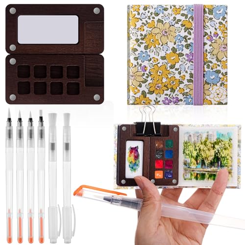 Qilery Mini Portable Watercolor Palette Set Wooden Grid Paint Box Watercolor Paper Sketch Book Brush Pens with Binder Clip for Painters Artist Not Include Paint(Winter Jasmine) - style: Winter Jasmine