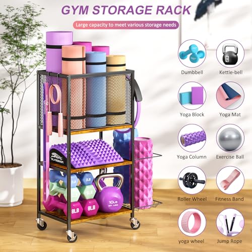Dumbbell Rack, Yoga Mat Storage Holder, Home Gym Storage Rack, Workout Equipment Storage Organizer, Weight Storage Holder Rack with Hooks and Wheels - size: 3 Tier