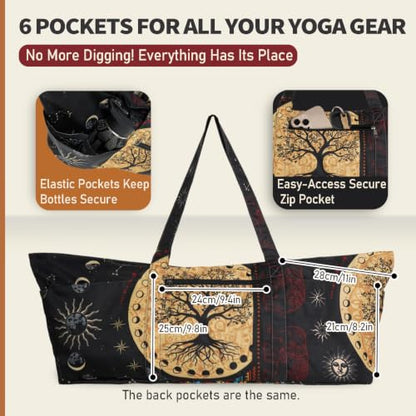Yoga Mat Bag Yoga Tote Bag with Large Waterproof Zipper Pocket and Drawstring Pocket Yoga Mat Bag Carrier Fit Most Size Mats and All You Stuff - color: black beige