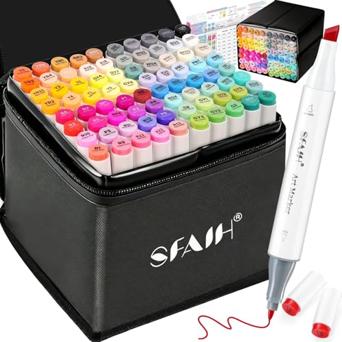 SFAIH Dual Tip Alcohol Markers, 81 Colors, Chisel & Fine Art Coloring Set | Storage Case, Gift for Beginner, Non-Toxic, Adult Coloring Books Illustration Drawing, Colorless Blender & No-Bleed Sheet - color: 81 Colors