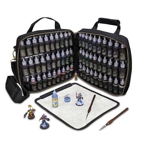 ENHANCE Miniature Paint Carrying Case - Painting Case with Slots for 60 Bottles, 16 Brushes - Paint Organizer Case with Gallery Display for Color Palettes, Comfortable Shoulder Strap, Cleanable Pad