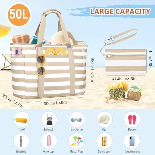 Extra Large Beach Bags for Women, Waterproof Sandproof Beach Tote Bag Foldable Swim Pool Bag with Zipper and Wet Pocket - color: Khaki White
