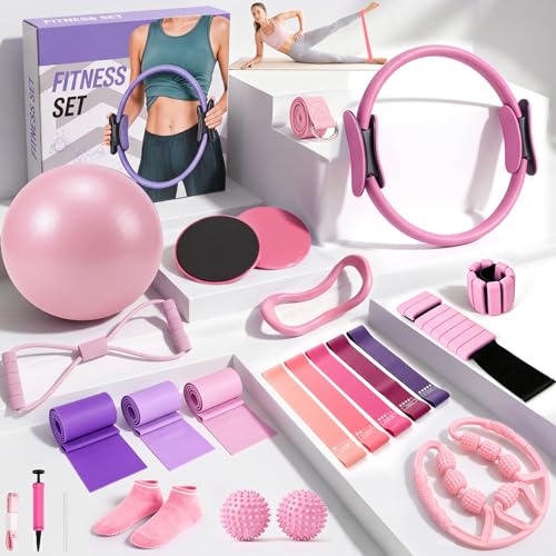 Pilates Kit, 24 in 1Home Pilates Workout Kit for Women, Pilates Equipment with 13" Pilates Ring and Ball, Starter Home Workouts - color: Pink