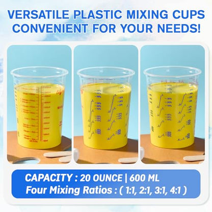 100 Pack Plastic Mixing Cups, 20 oz Measuring Cups with 100 Mixing Sticks | versatile for mixing paints, epoxy resin, alcohol inks, DIY crafts, projects, scientific experiments, disposable and no-mess