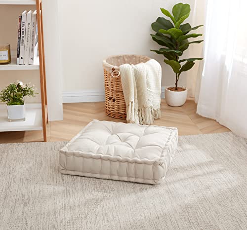 Floor Pillow Large Square Tufted Decorative Cushion 20" x 20" Faux Velvet Fabric Ultra Thick Fill for Kids and Adults, 2 Pack, Ivory - color: Ivory, size: 2 Pack
