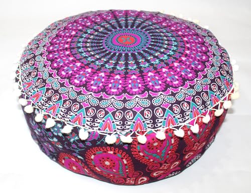 INDIAN CRAFT CASTLE ICC Mandala Barmeri Large Floor Pillow Cover Cushion Meditation Seating Ottoman Throw Cover Hippie Decorative Zipped Bohemian Pouf Ottoman Cases Pink Peacock 16" Round - color: Pink, size: 16"D x 16"W x 5"H