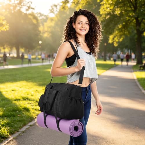 Large Gym Bag for Women, Puffy Sports Duffel Bag with Yoga Mat Holder - color: Black, size: Large