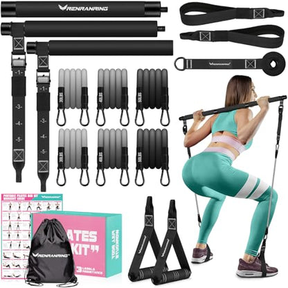 Pilates Bar Kit with 6 Latex Resistance Bands, Adjustable Exercise Bar - color: Black Pro