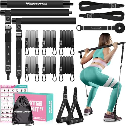 Pilates Bar Kit with 6 Latex Resistance Bands, Adjustable Exercise Bar - color: Black Pro